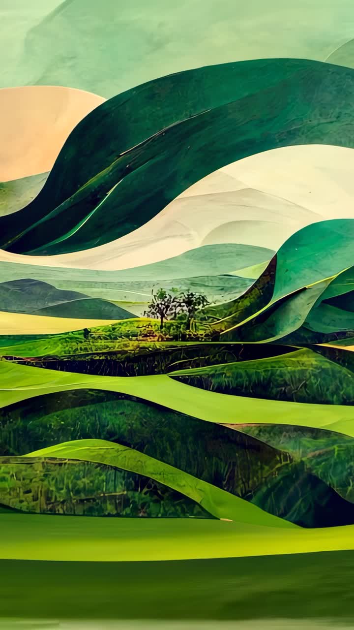 Vertical video: Opening shot showing layered green hills panning under pale sky, with tree cluster