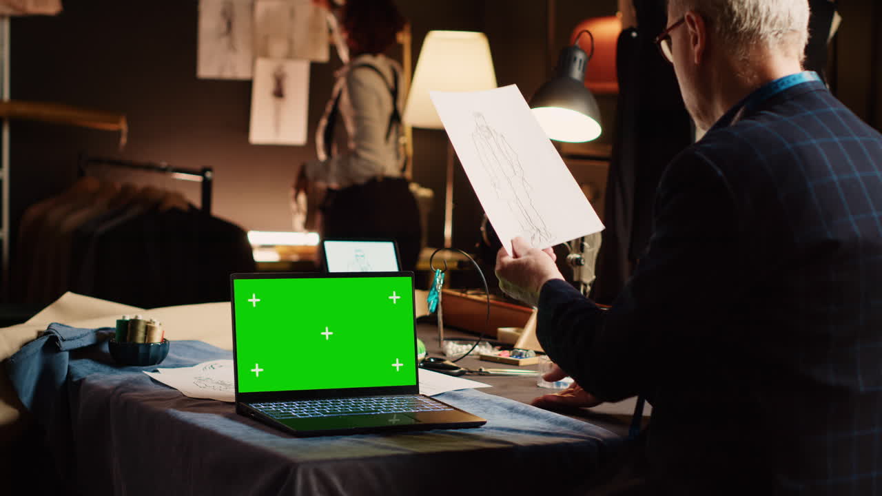 modista de moda con pantalla verde