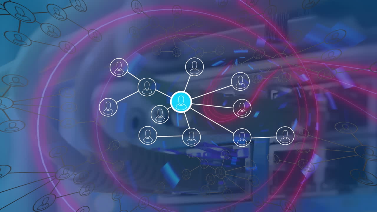 animación de iconos conectados a través de túnel de bucle contra cables conectados al panel trasero del router