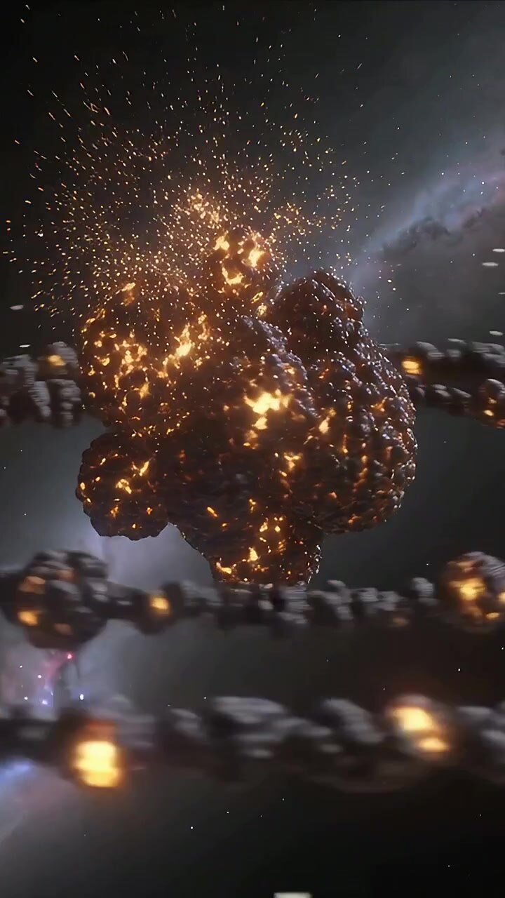 Vertical video: Rotating rock with molten veins ejecting sparks after flash among stars, with beads