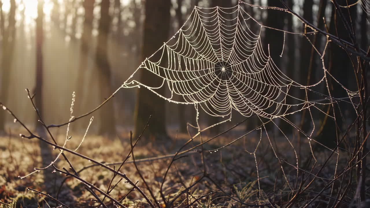 Ragnatela ghiacciata nella foresta all'alba