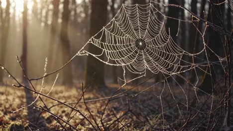 frozen spider web in the forest at sunrise