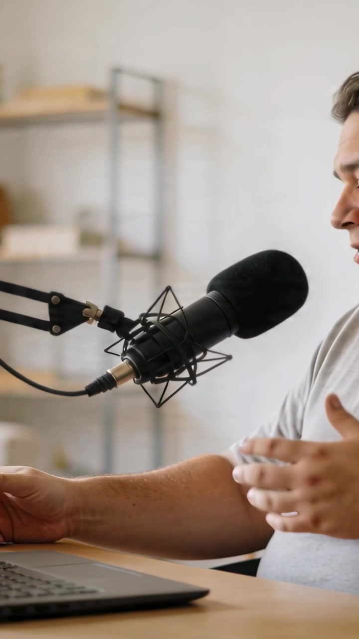 Video verticale: Registrazione, uomo in maglietta che parla, digita al microfono a casa per un podcast, spazio per il testo