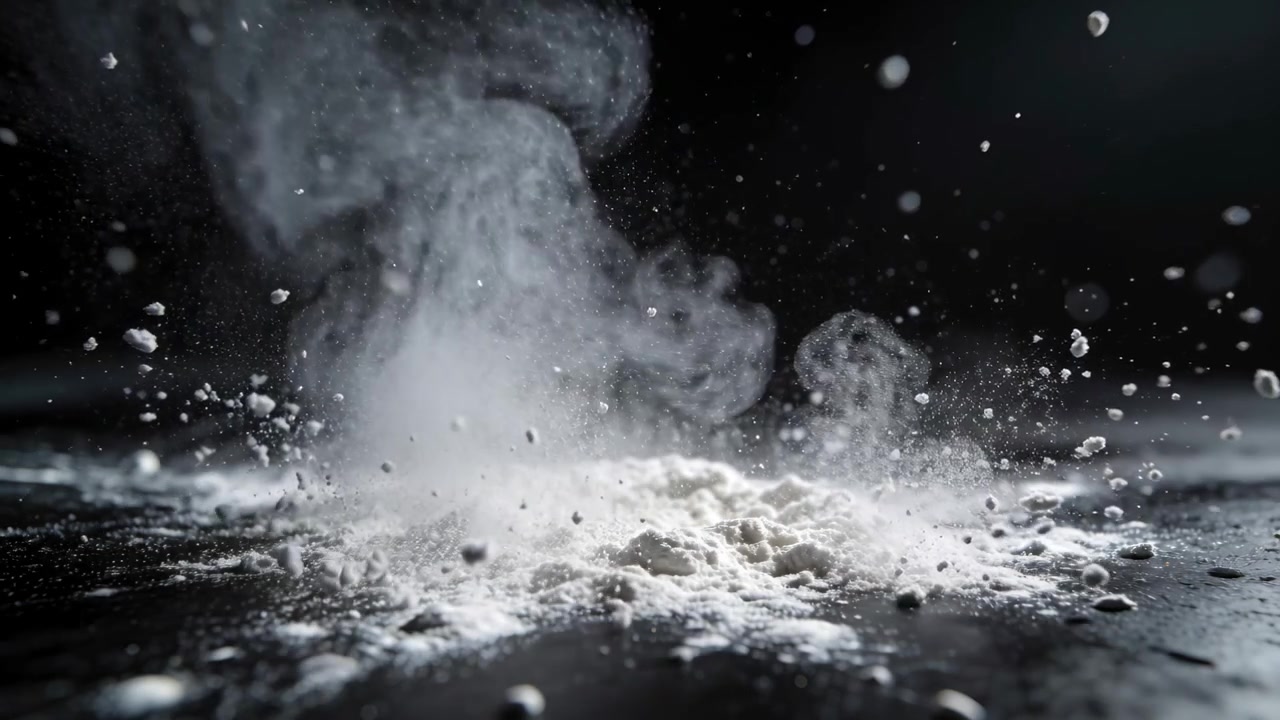 Cumulo di polvere che erutta dopo un impatto improvviso, inviando una densa colonna di polvere su un tavolo scuro, depositandosi.
