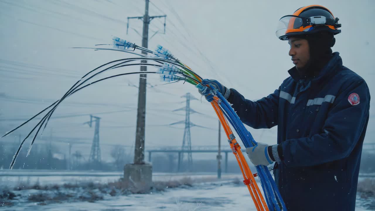 Electrical worker handling power lines in winter