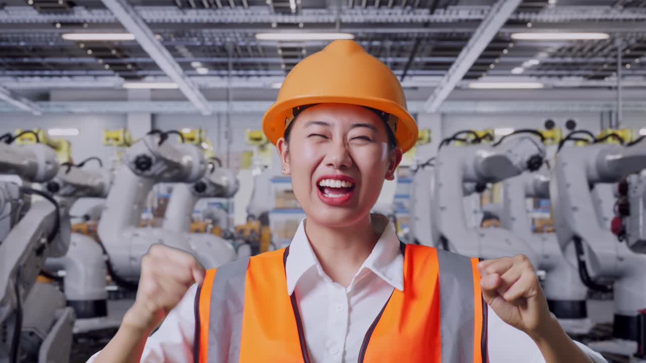 행복한 여성 엔지니어가 공장에서 성공을 축하하고 있습니다.