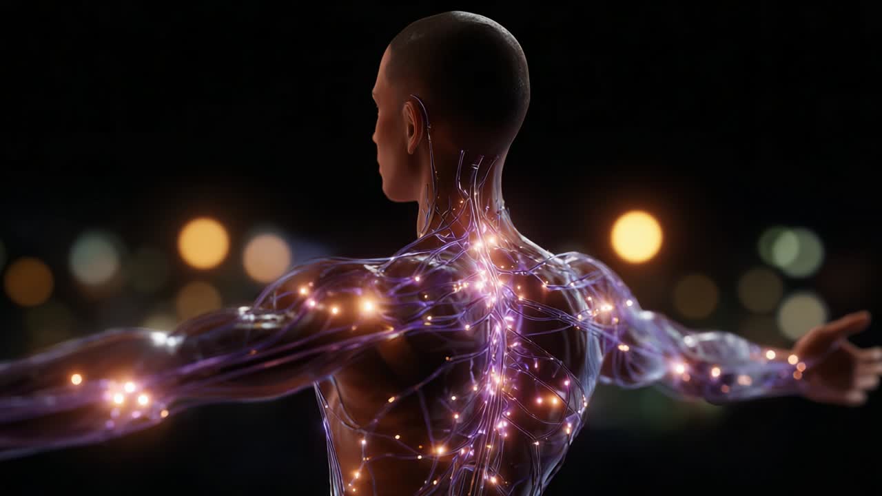 A Stunning Visualization of the Human Body's Neurovascular Network and Energy Flow, Showcasing the Bright and Complex Interconnections of Muscles and Nerves Against a Beautifully Blurred Background