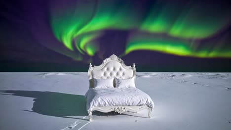 aurora boreal sobre una cama blanca en la nieve