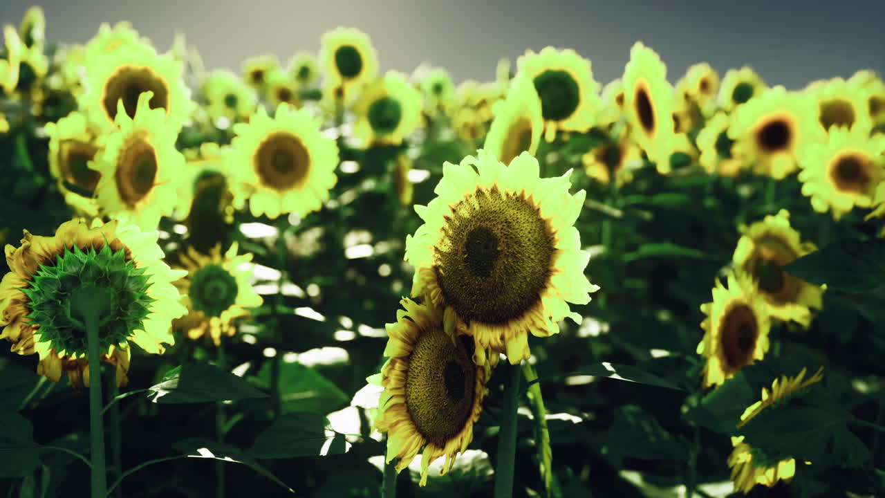 Sunflowers blooming in a vast field under bright sunlight during afternoon