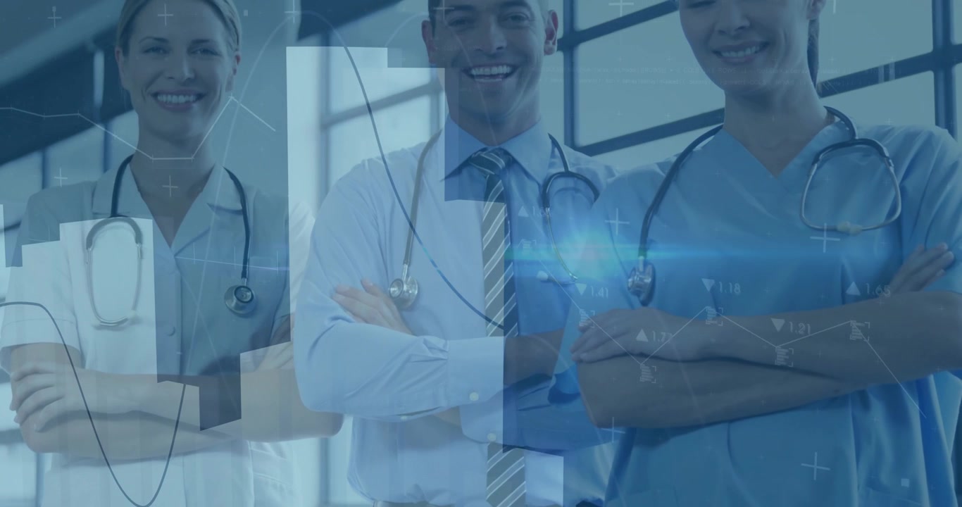 Profesional Medis Berdiri Bersama dengan Hamparan Data Digital