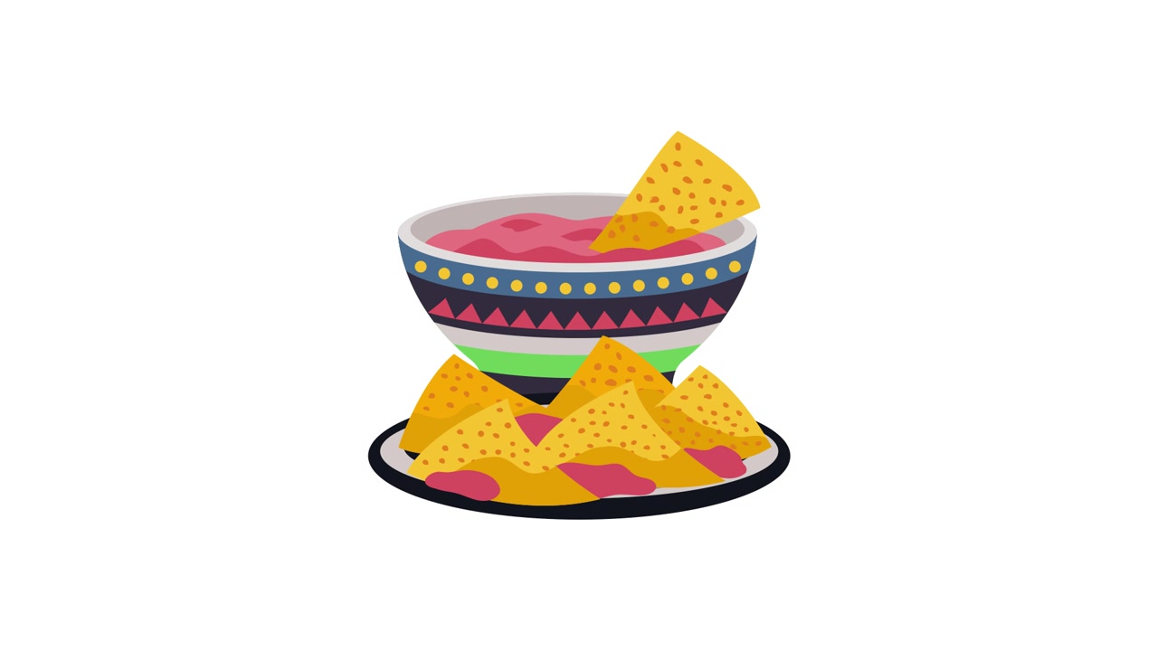 Ciotola animata colorata di salsa con nachos e tortilla chips