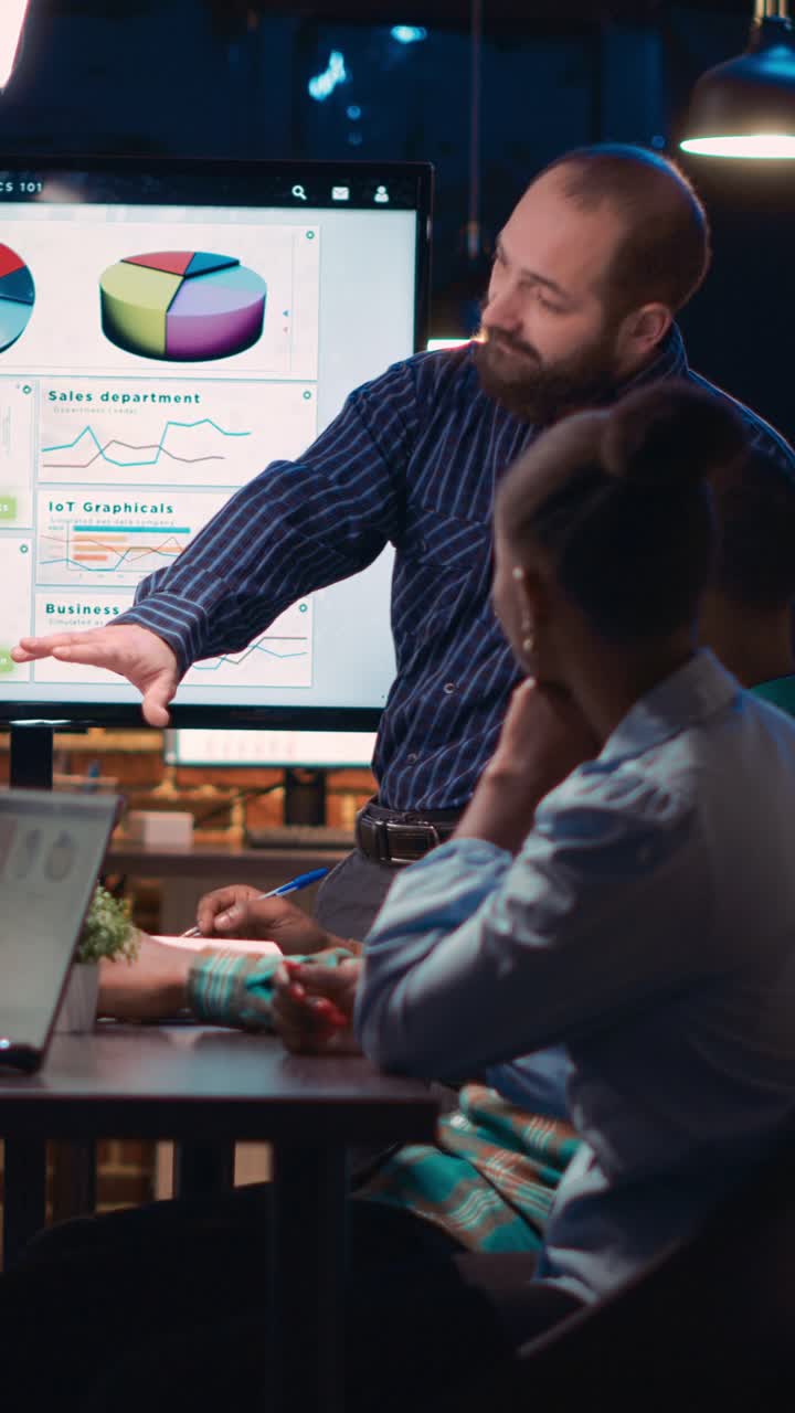 Vertical video: Company employee presenting analytics research in business meeting