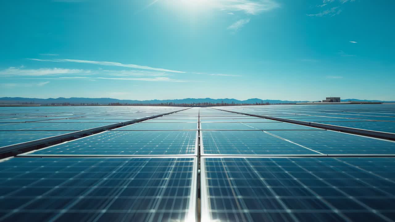 Sunlight hitting solar panels glinting reflections on plain, with utility building supplying power