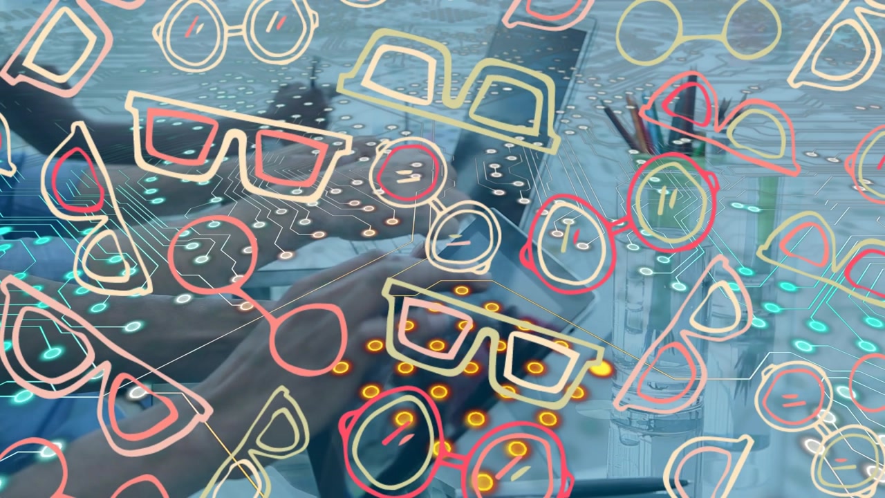 Animation of data processing and glasses icons over diverse business people using technology