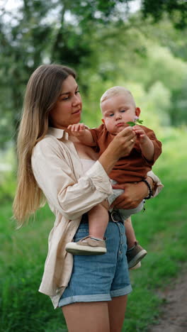 blond caucasian woman with long hair holds a toddler boy in hands. blond kid giver a clover flower to his mom to smell. vertical video.