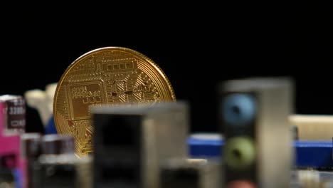 moneda de bitcoin en una placa base de una computadora