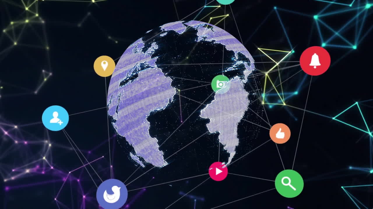 Animation of digital globe with colorful social media icons and connections