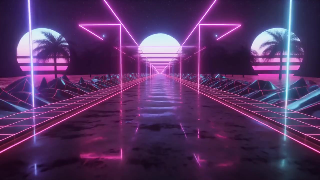 Paesaggio digitale in stile Retro Synthwave con luci al neon luminose
