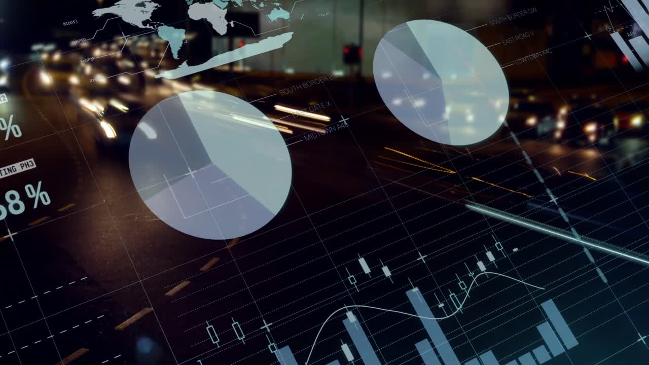 Animation of statistics processing over out of focus lights and cityscape