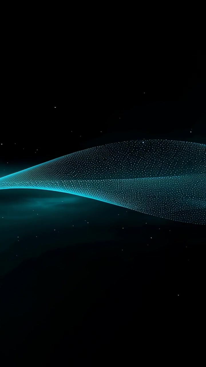 Vertical video: Starting teal mesh ribbon rising and reshaping into overlap with stars in dark void