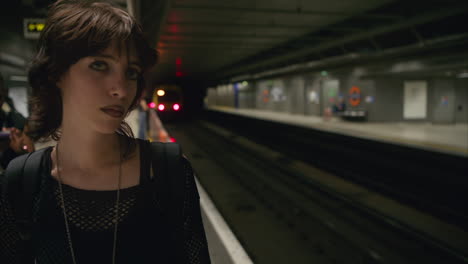 fotografía de moda de estilo alternativo de una mujer de pie en la plataforma de la estación de metro de londres mientras el tren sale filmada en tiempo real 1