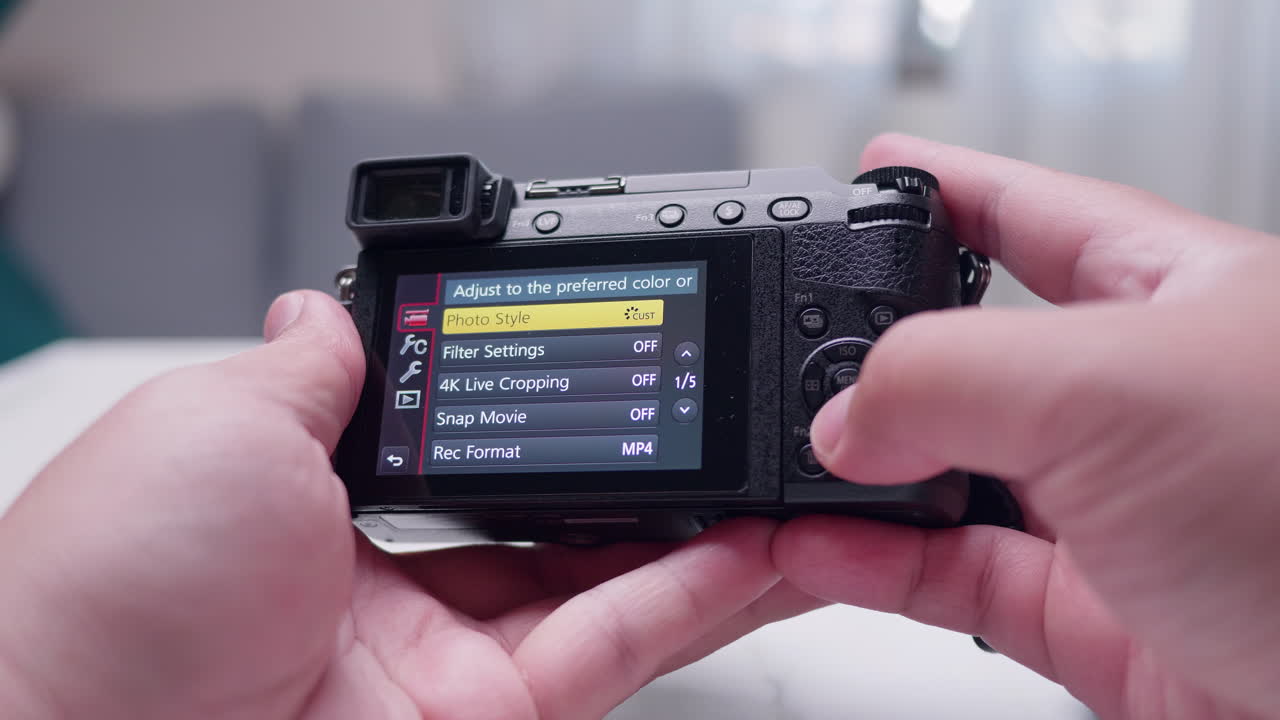 Close-up of an individual scrolling the menu of a digital electronic camera as the owner is getting ready to take photographs
