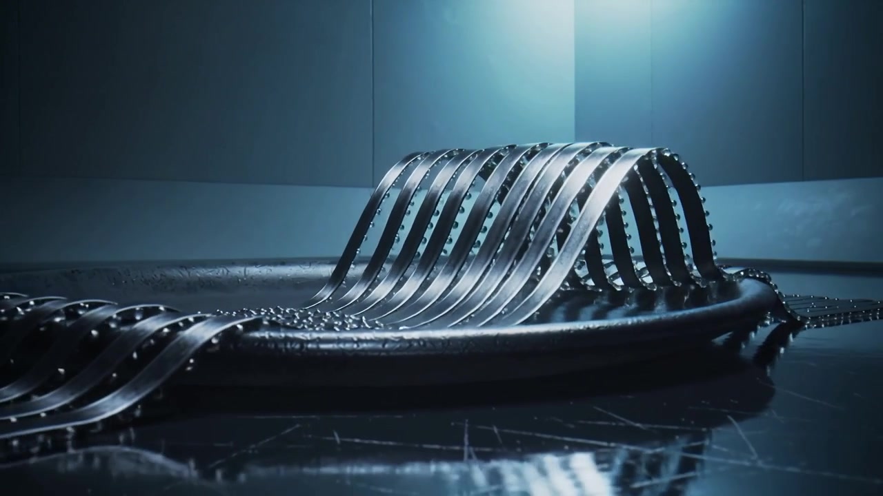 Lifting slatted metallic ribbon with left beads initiating motion, showing wave motion on tray