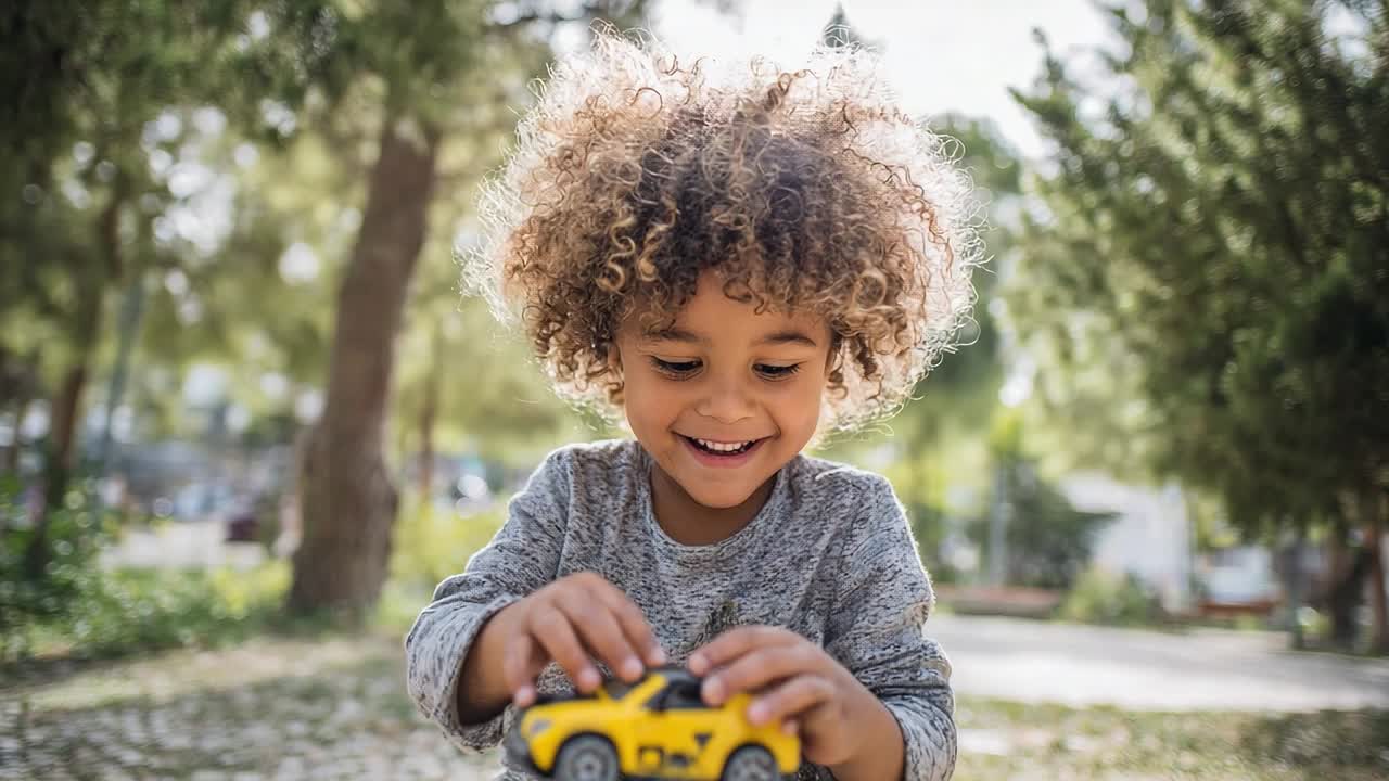Criança pequena se diverte brincando com um carrinho de brinquedo amarelo ao ar livre
