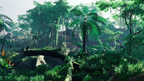 lush tropical forest scene with vibrant greenery and wildlife in sunlight