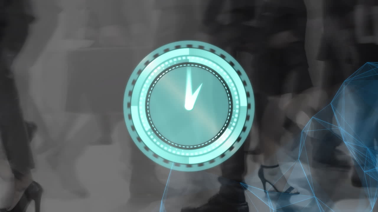 animación de un reloj que se mueve rápido sobre los peatones que caminan en movimiento rápido