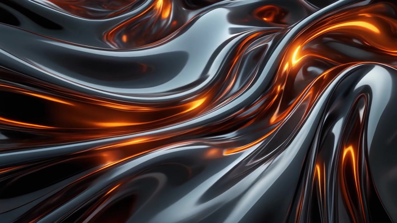 Superficie astratta di metallo liquido con riflessi arancioni luminosi