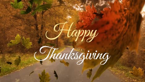 Animation-of-happy-thanksgiving-text-banner-and-autumn-leaves-falling-against-road-path-in-a-park