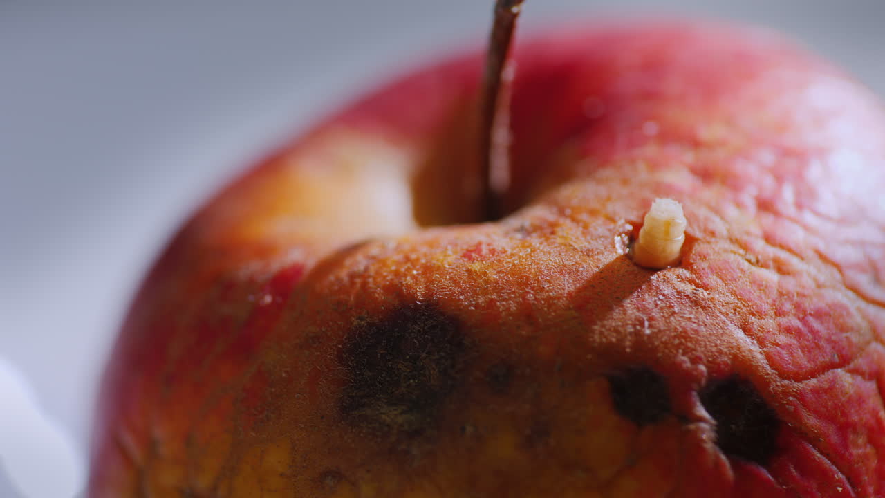 Worm climbs out a rotten apple