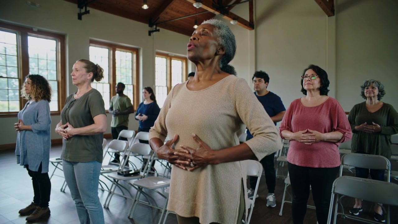 Leading senior woman in beige tunic inhaling and expanding in hall, guiding group with metal chairs