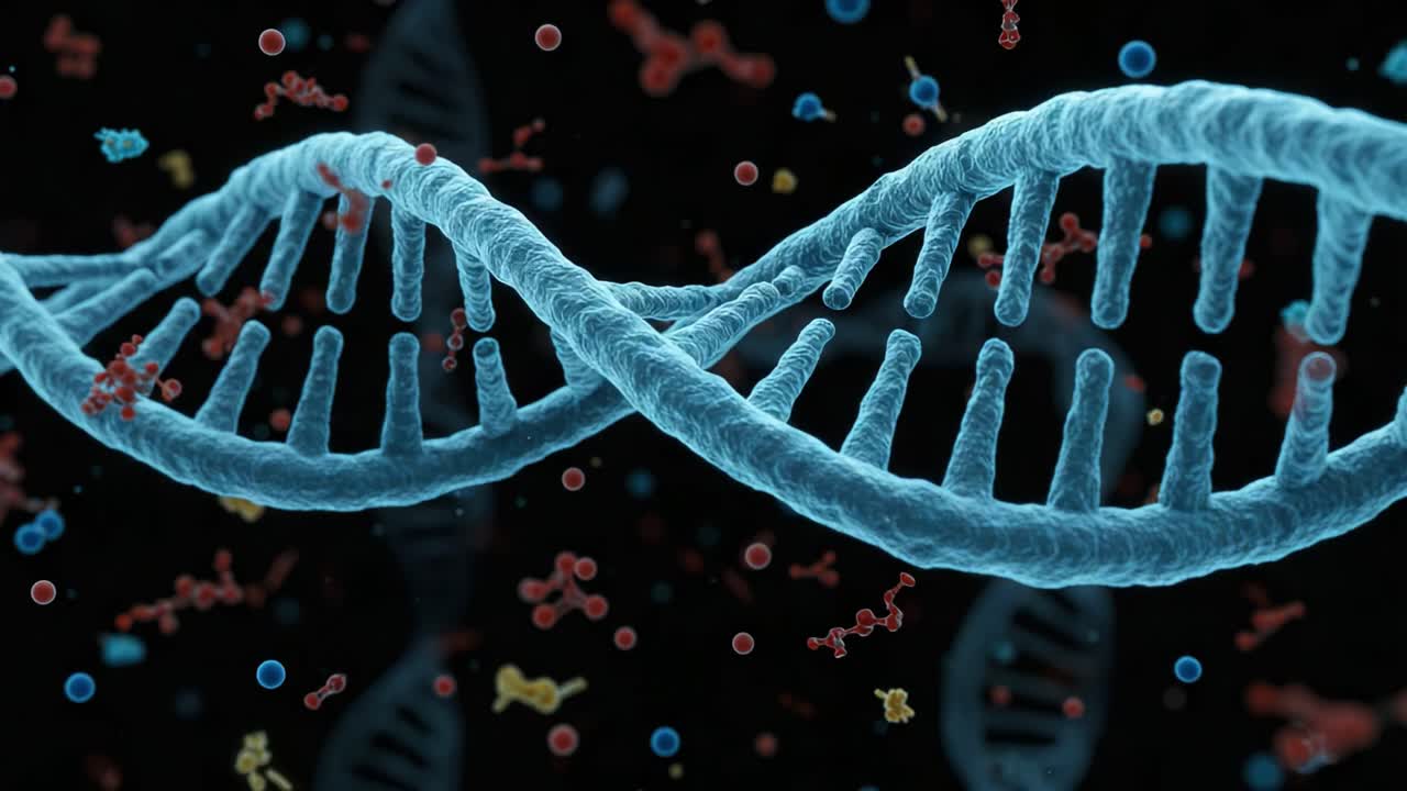 Detailed Illustration of DNA Structure Showcasing Double Helix Form, Nucleotides, and Molecular Interactions in a Vibrant and Colorful Scientific Representation