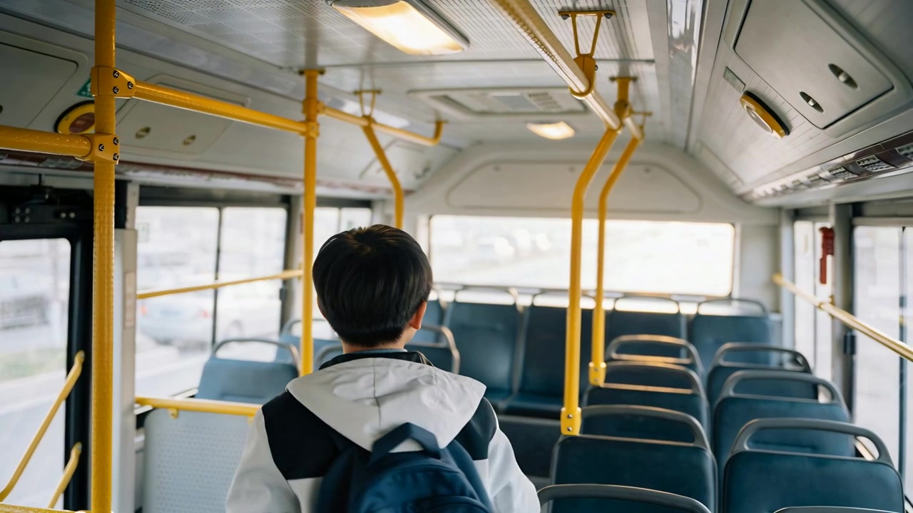 Ragazzo asiatico con giacca e zaino che cammina lungo il corridoio dell'autobus tenendosi al mancorrente giallo per mantenere l'equilibrio