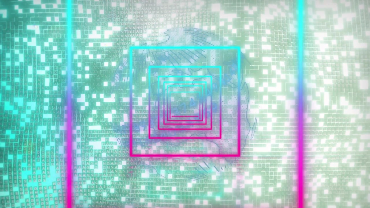 Neon frames pulsing, zooming, color shifting showing glyphs on mosaic, creating depth for tech