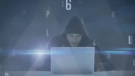animación del procesamiento de datos sobre un hacker encapuchado usando una computadora portátil en una habitación oscura
