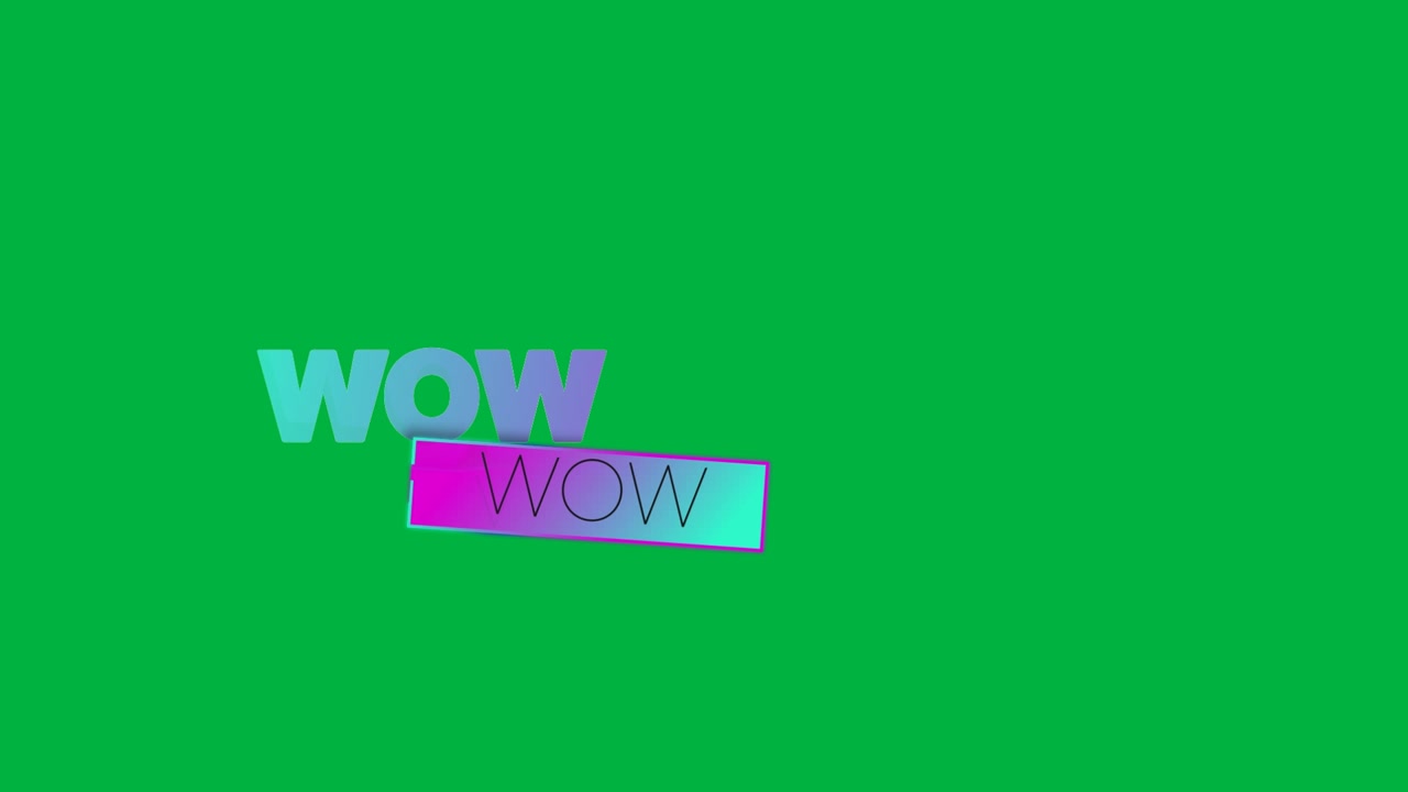 Animação da palavra Wow escrita em letras brilhantes com gradiente de roxo para azul piscando