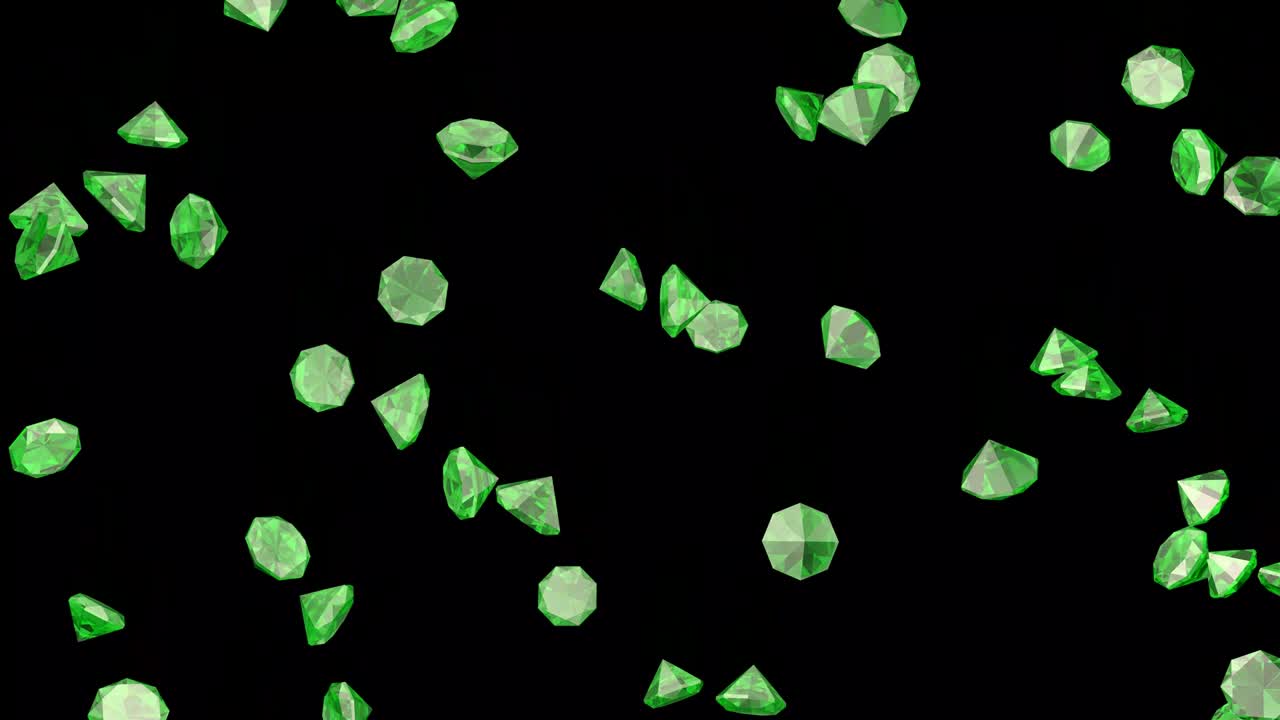 초록색 에메랄드 다이아몬드가 검은색 배경에 떨어지는 에메랄드의 비 3d 애니메이션