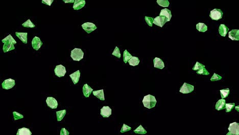 diamantes de esmeralda verdes cayendo contra un fondo negro. lluvia de esmeraldas. animación 3d