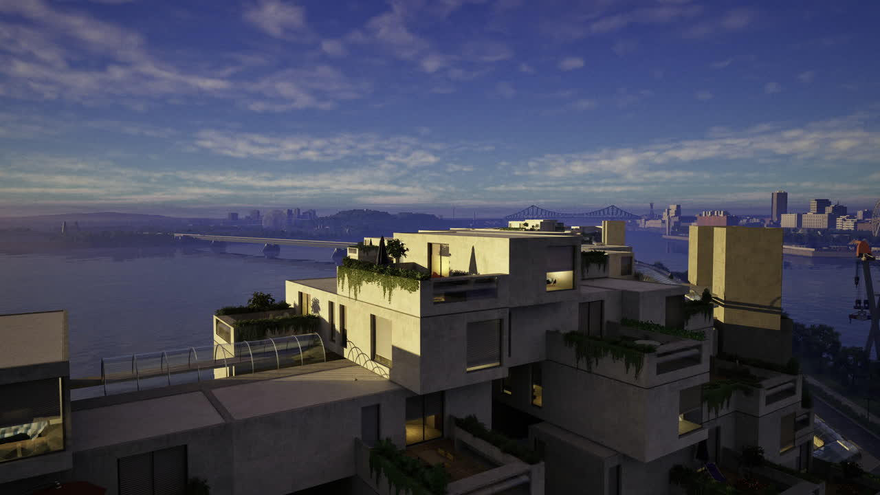 Modern architecture overlooks a serene riverside skyline at dusk