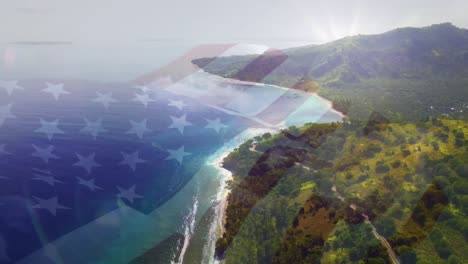 Animación-De-La-Bandera-De-Estados-Unidos-Ondeando-Sobre-El-Paisaje-De-Playa.