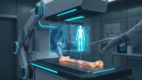 advanced robotic system analyzing medical imaging of bone structure with interactive holographic display and human anatomy visualization