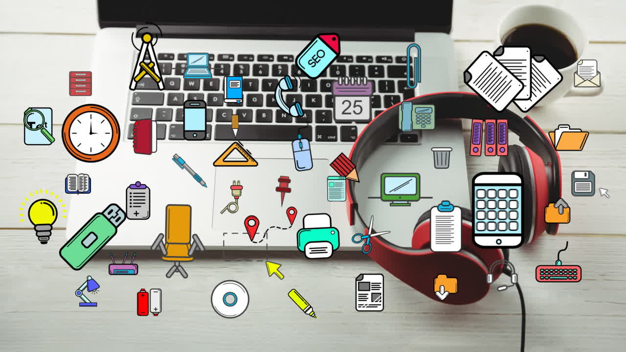 Animation of multiple icons over laptop, coffee cup and headphone on wooden table