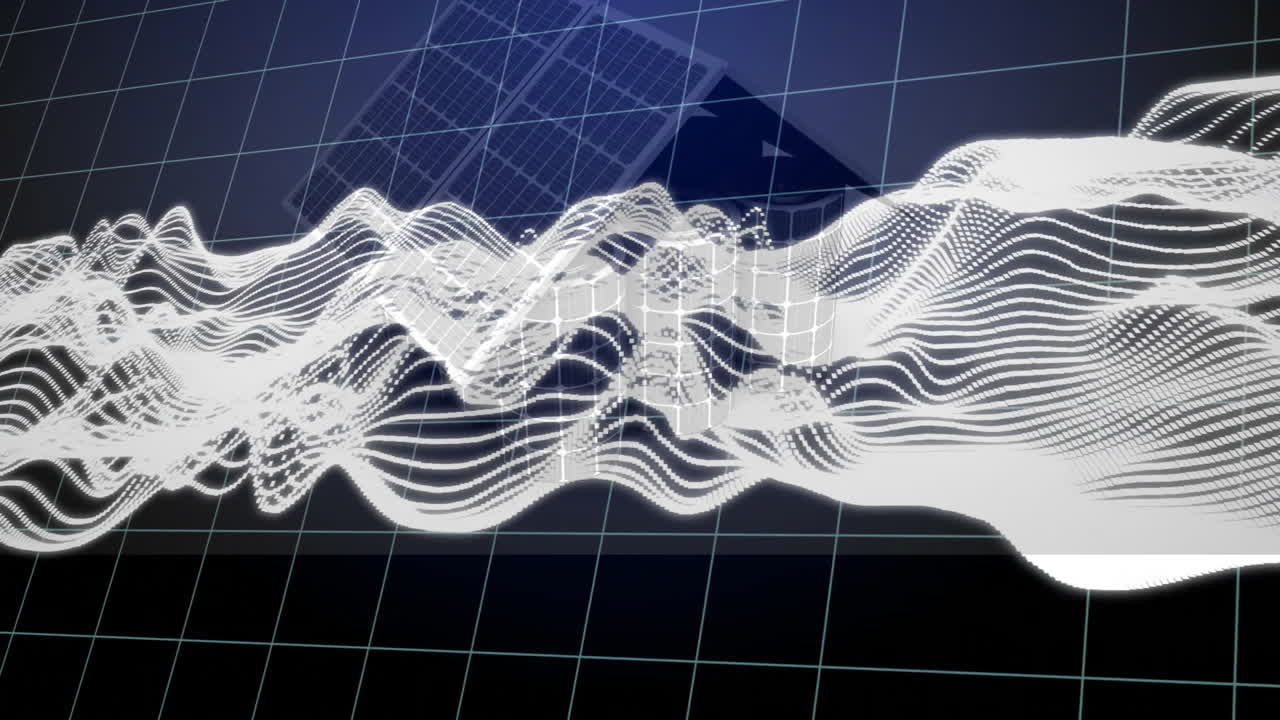 Flowing white wave patterns over grid with geometric shapes in animation background
