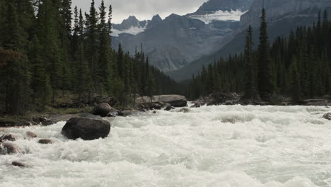 a rushing river, fueled by melting snow, carves through a dramatic mountain valley in the canadian rockies