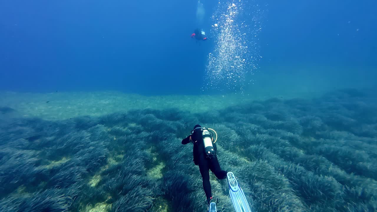 Sukeltaja tutkii reheviä Posidonia oceanica -meriruohoniittyjä kristallinkirkkaissa Välimeren vesissä aurinkoisena kesäpäivänä, kuvattuna laajasta yläkulman perspektiivistä esitellen syvän sinisiä sävyjä.