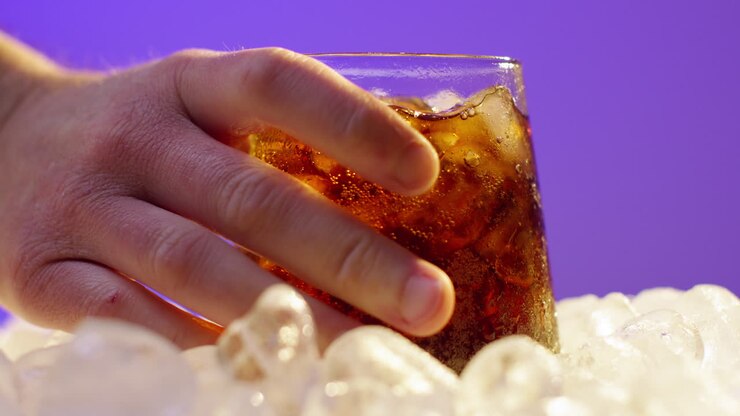 Close Up Of Person Picking Up Chilled Cold Drink In Glass On Ice Cubes Against Purple Background