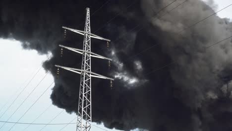 an electric tower stands against a background of black smoke. a big chemical fire at a factory building. thick black smoke covers the sky.